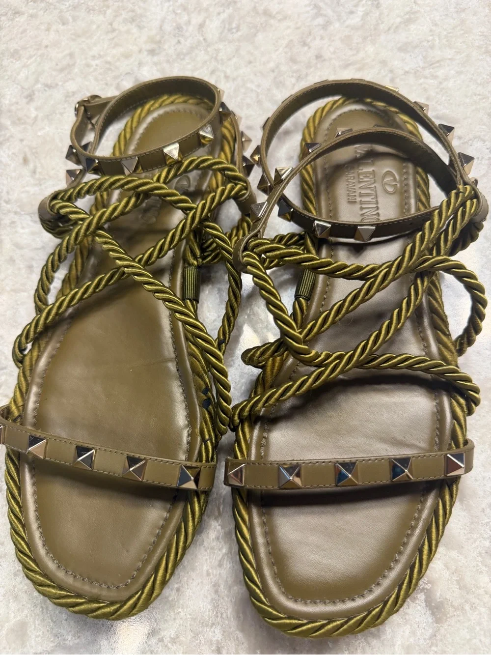 Valentino Garavani Rockstud Torchon Rope Gladiator Sandals Olive 36